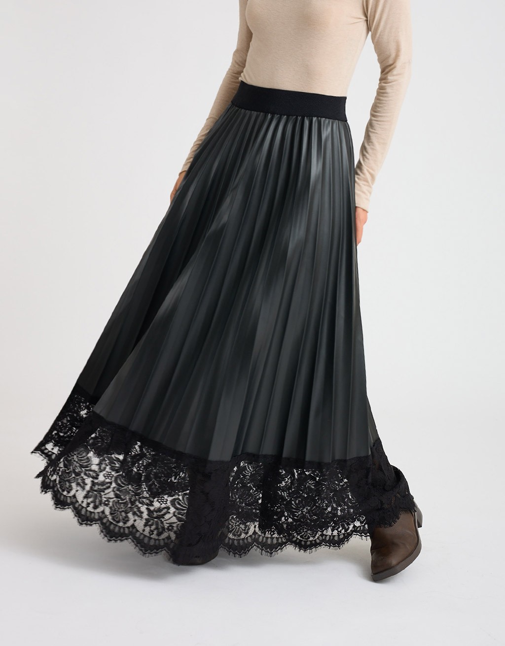 Gonna Effetto Pelle Plissè Pizzo