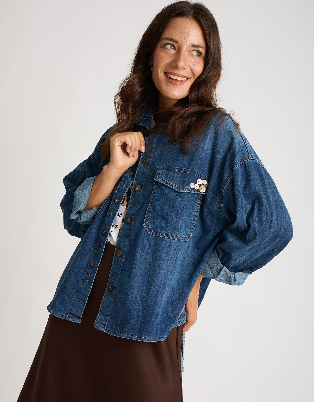 Camicia Jeans Over Bottoni Finta Madreperla