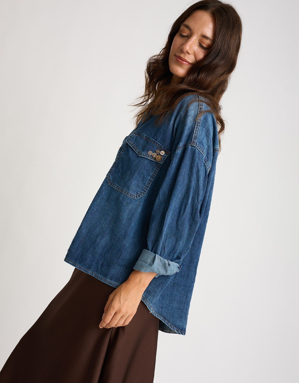 Camicia Jeans Over Bottoni Finta Madreperla