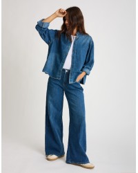 Giacca Camicia Jeans Plissè Collo
