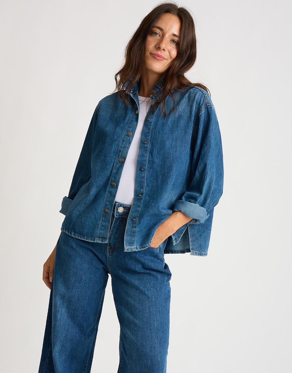 Giacca Camicia Jeans Plissè Collo
