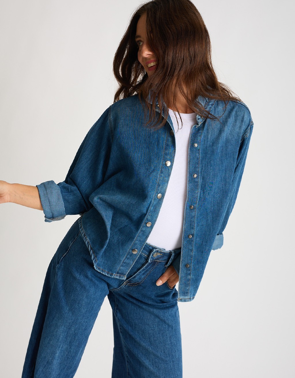 Giacca Camicia Jeans Plissè Collo
