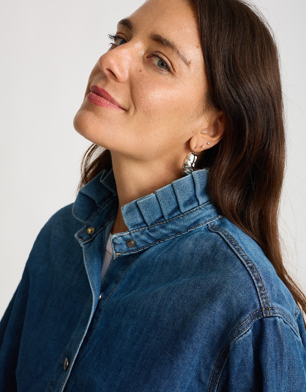 Giacca Camicia Jeans Plissè Collo