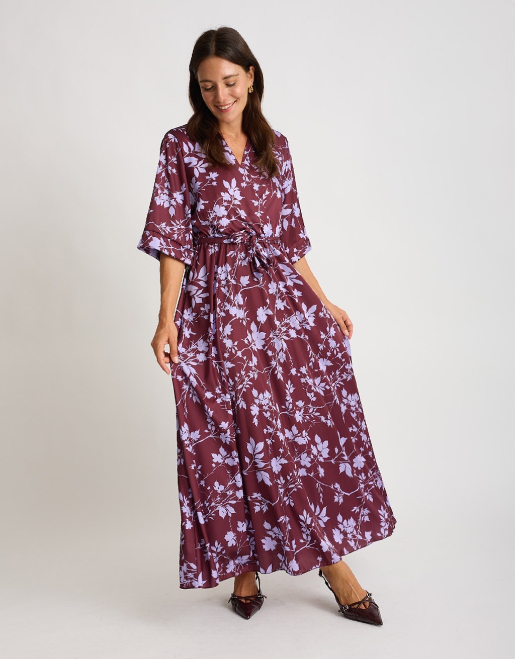 Abito Raso Kimono Fantasia Foglie