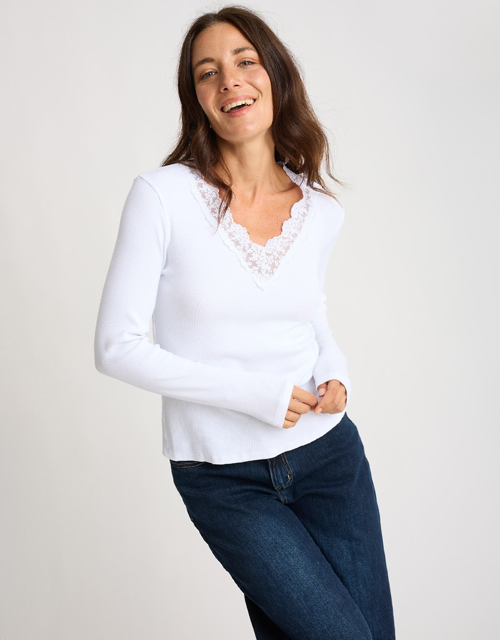 Maglia Costine Scollatura Pizzo