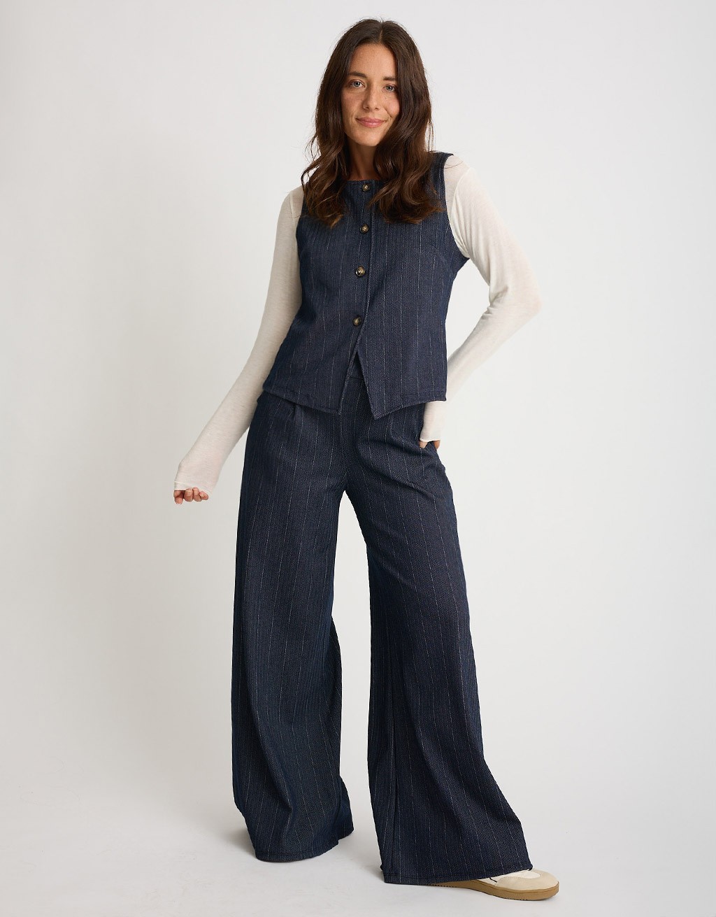 Pantalone Palazzo Gessato Effetto Denim