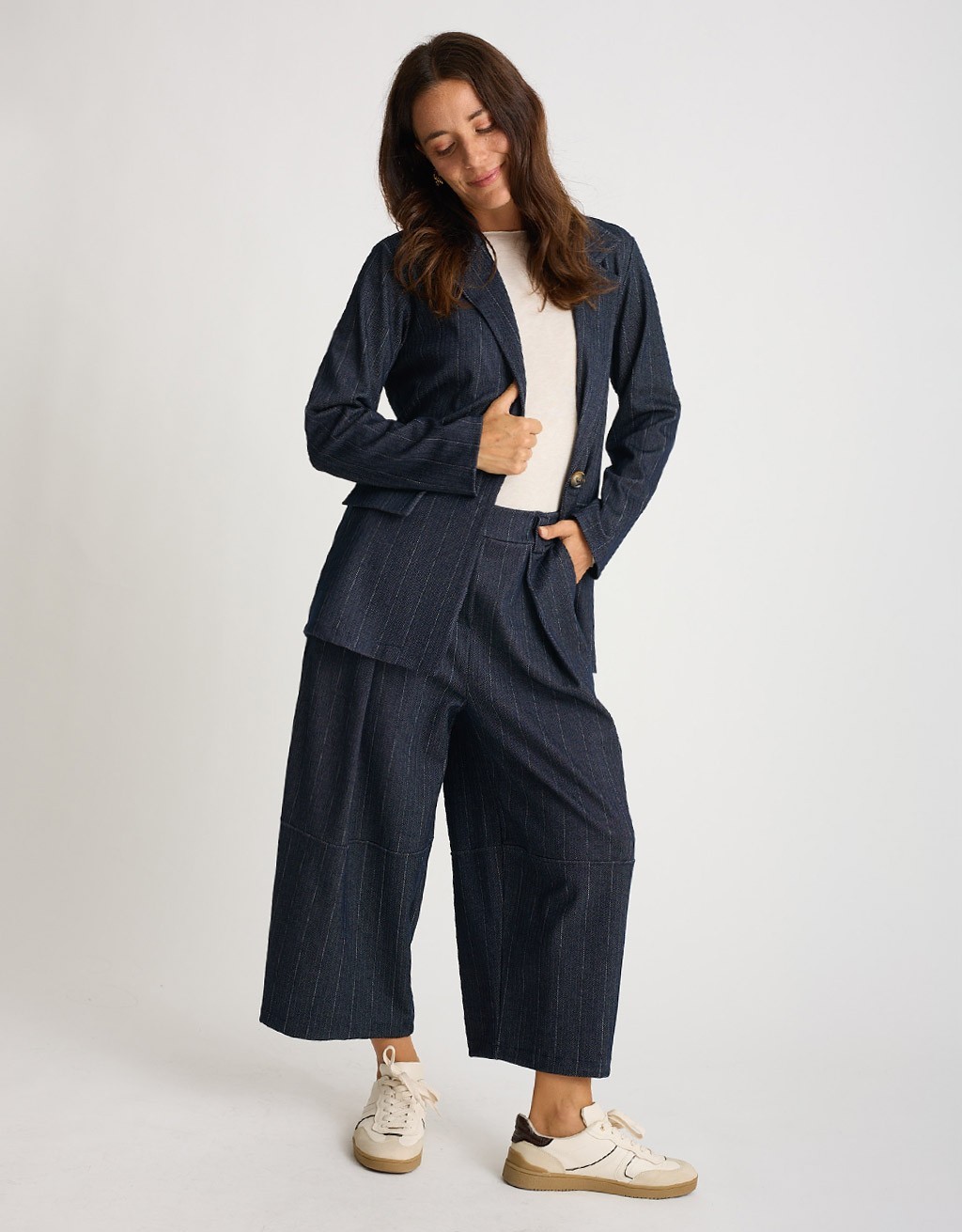 Pantalone Baloon Crop Gessato Effetto Denim