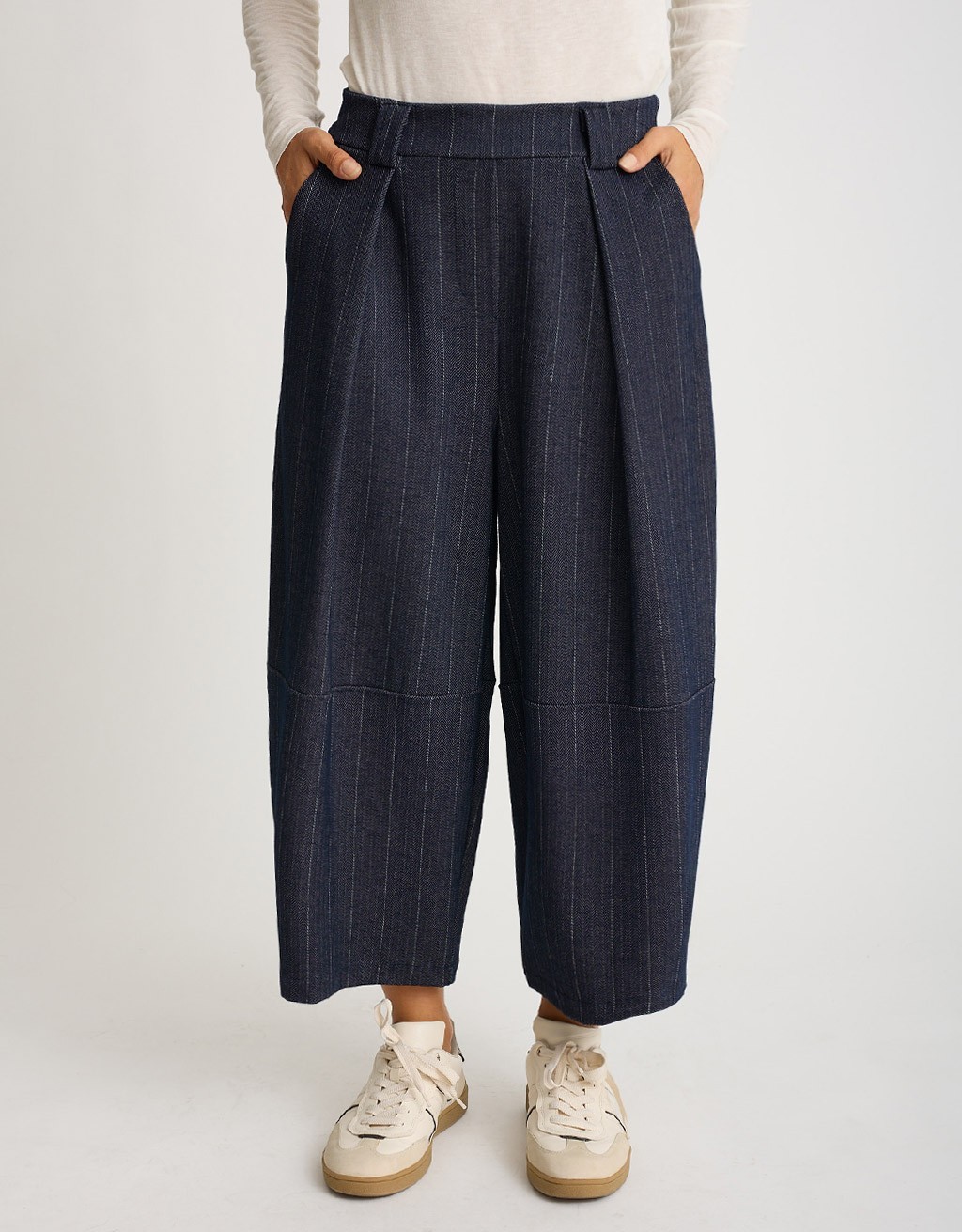Pantalone Baloon Crop Gessato Effetto Denim