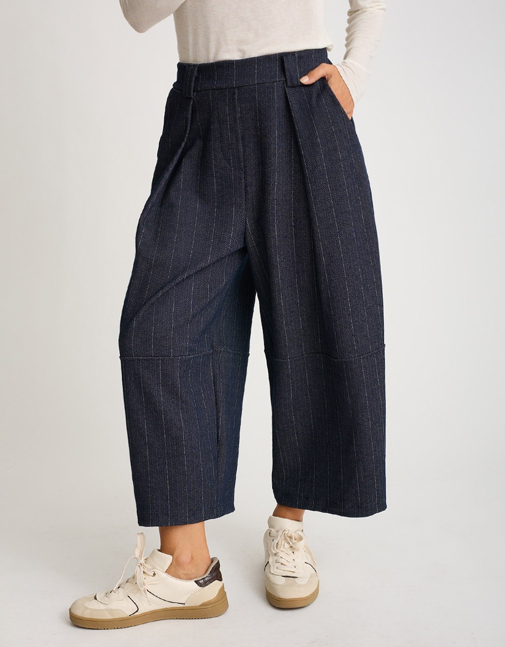 Pantalone Baloon Crop Gessato Effetto Denim