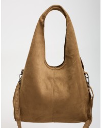Borsa a Spalla Tessuto Effetto Suede con Pochette Interna