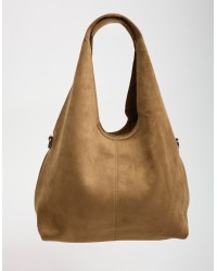 Borsa a Spalla Tessuto Effetto Suede con Pochette Interna