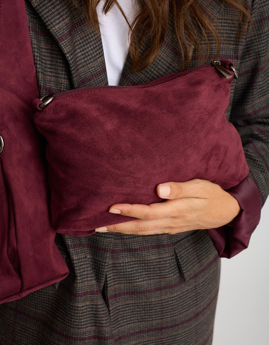 Borsa a Spalla Tessuto Effetto Suede con Pochette Interna