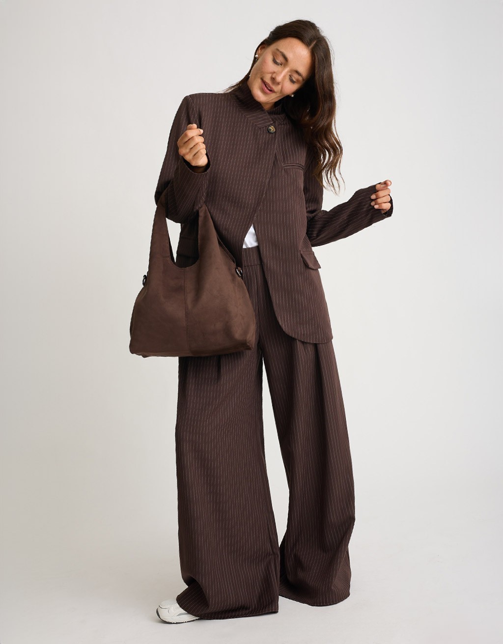 Borsa a Spalla Tessuto Effetto Suede con Pochette Interna