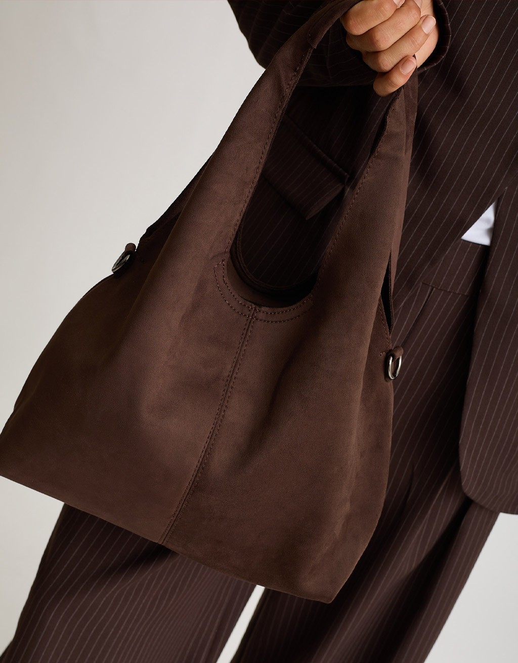Borsa a Spalla Tessuto Effetto Suede con Pochette Interna