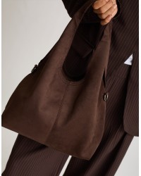 Borsa a Spalla Tessuto Effetto Suede con Pochette Interna