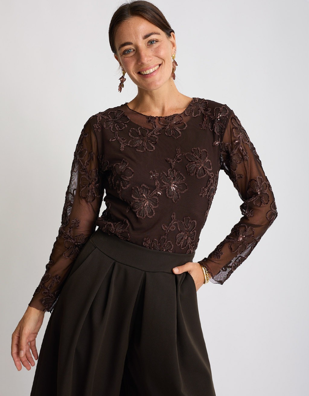 Maglietta Tulle Ricami Floccati Paillettes