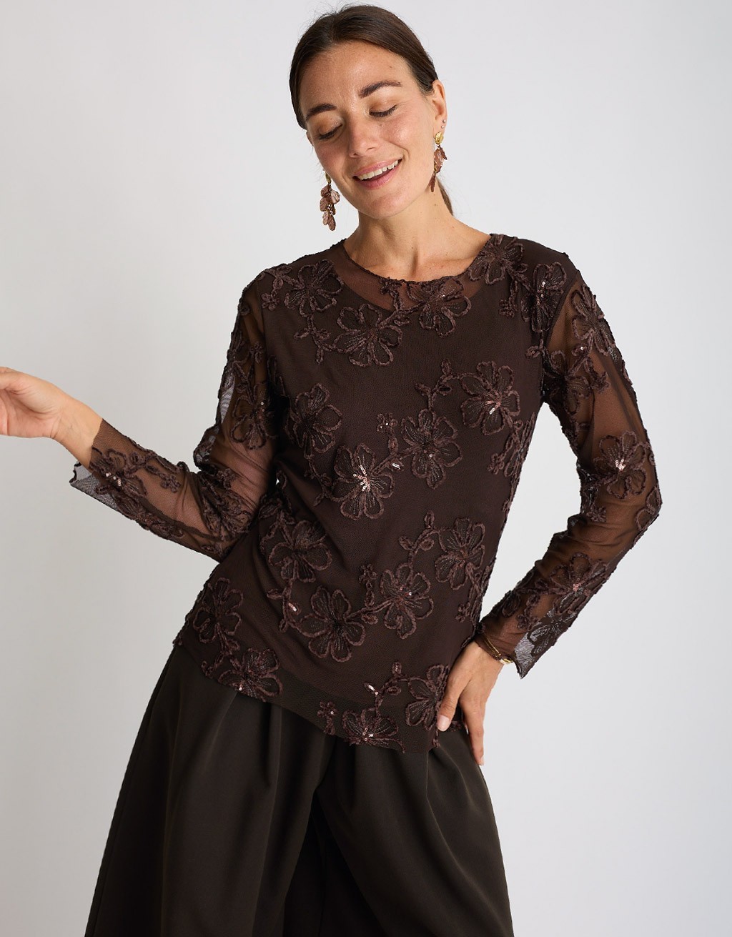 Maglietta Tulle Ricami Floccati Paillettes