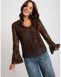 Maglietta Tulle Ricami Floccati Paillettes V