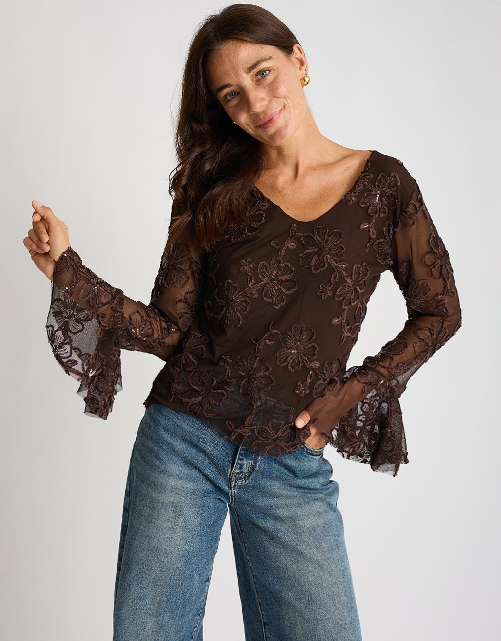 Maglietta Tulle Ricami Floccati Paillettes V