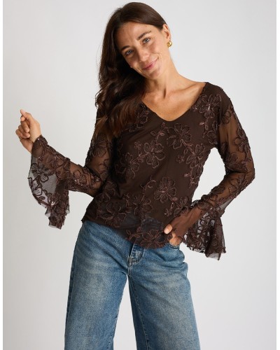Maglietta Tulle Ricami Floccati Paillettes V
