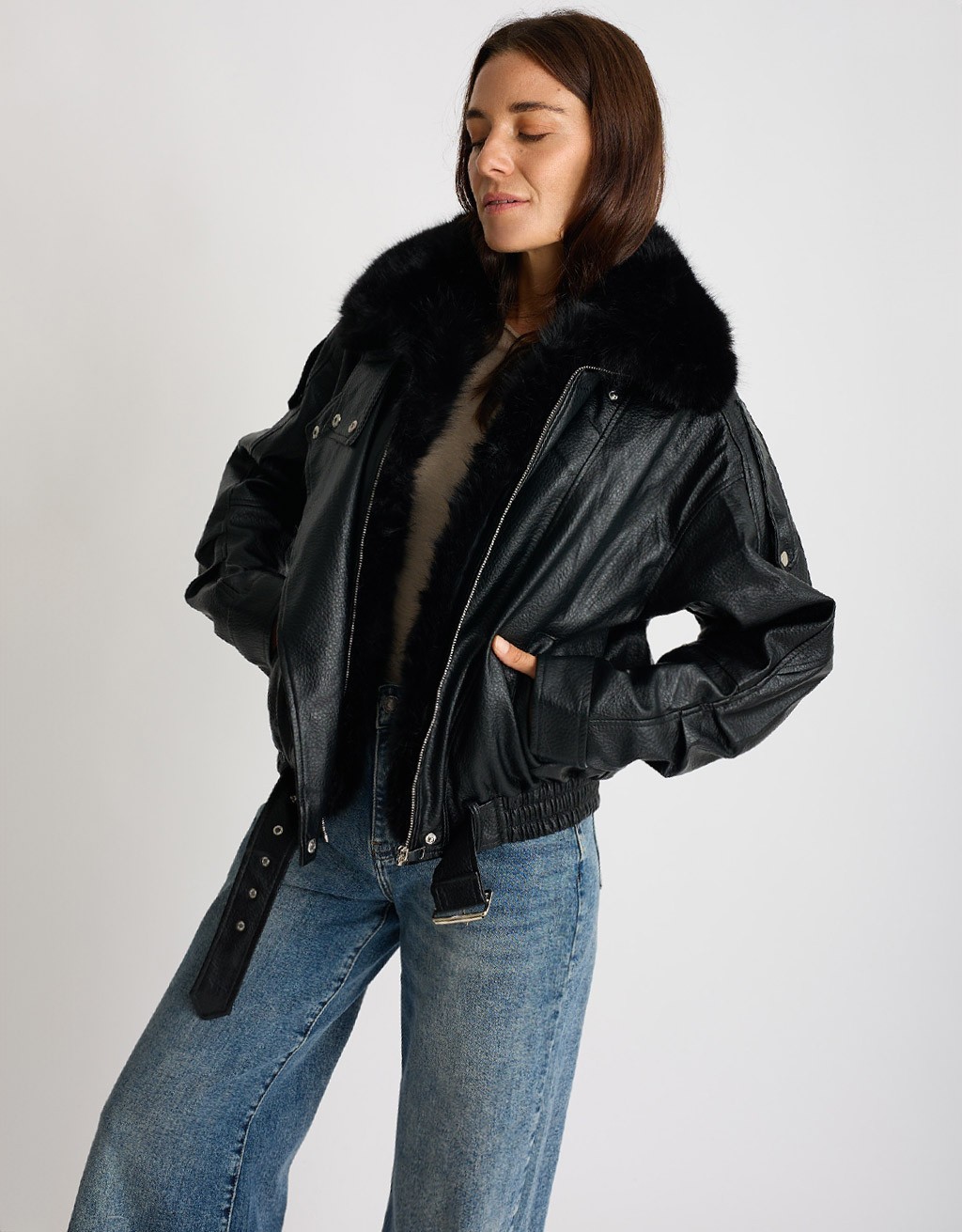 Bomber Finta Pelle Con Pelliccia