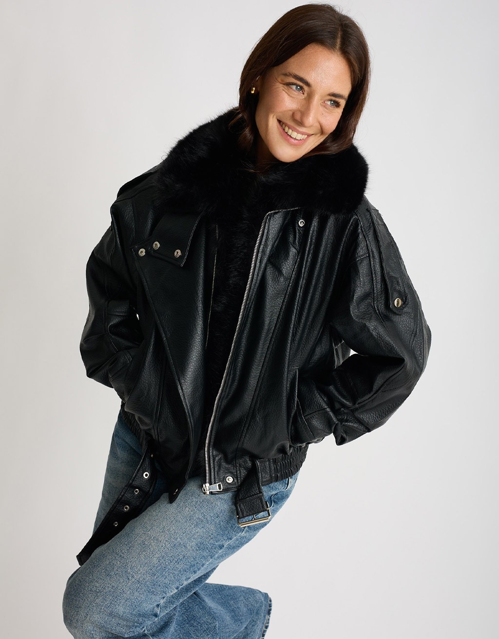 Bomber Finta Pelle Con Pelliccia