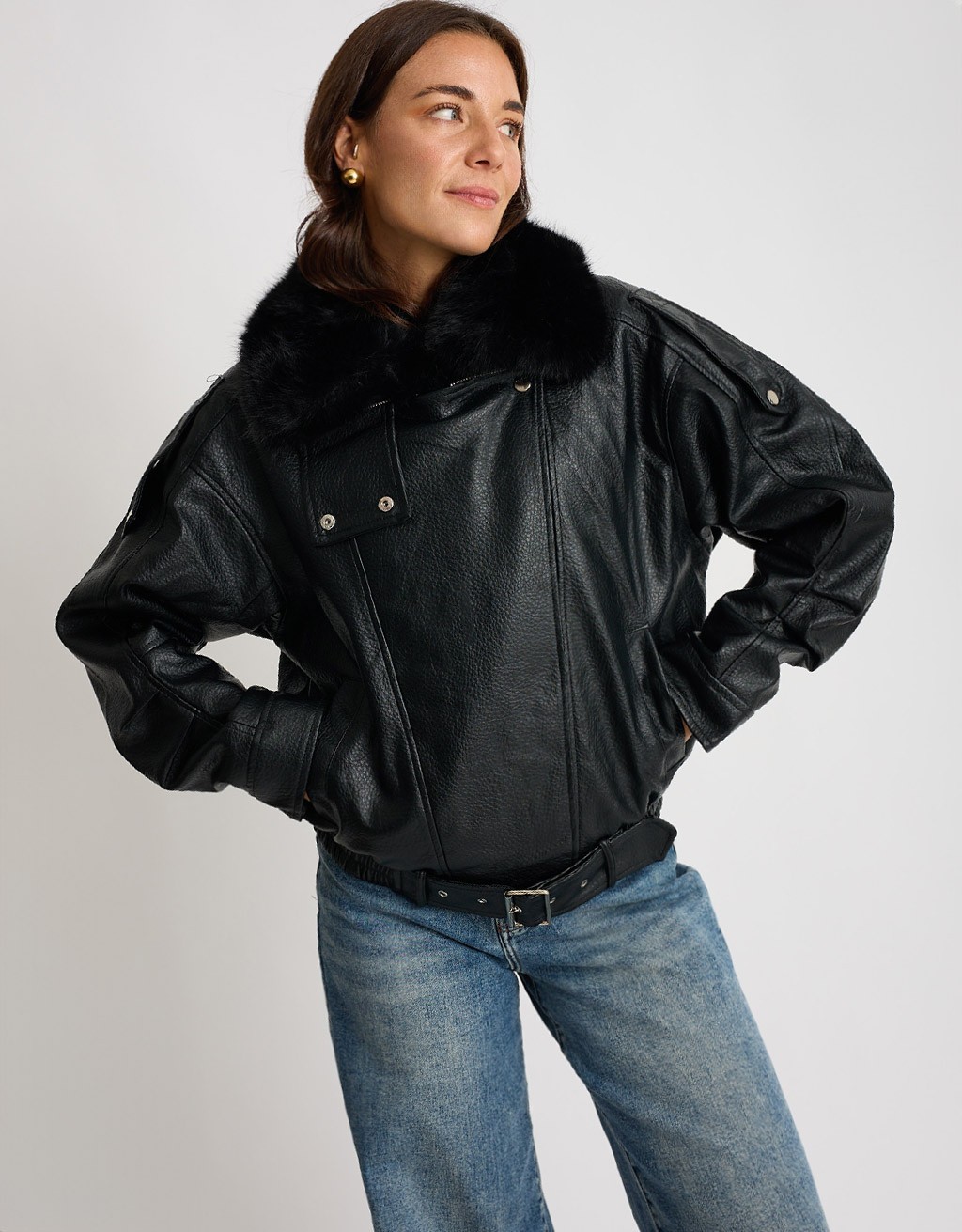 Bomber Finta Pelle Con Pelliccia