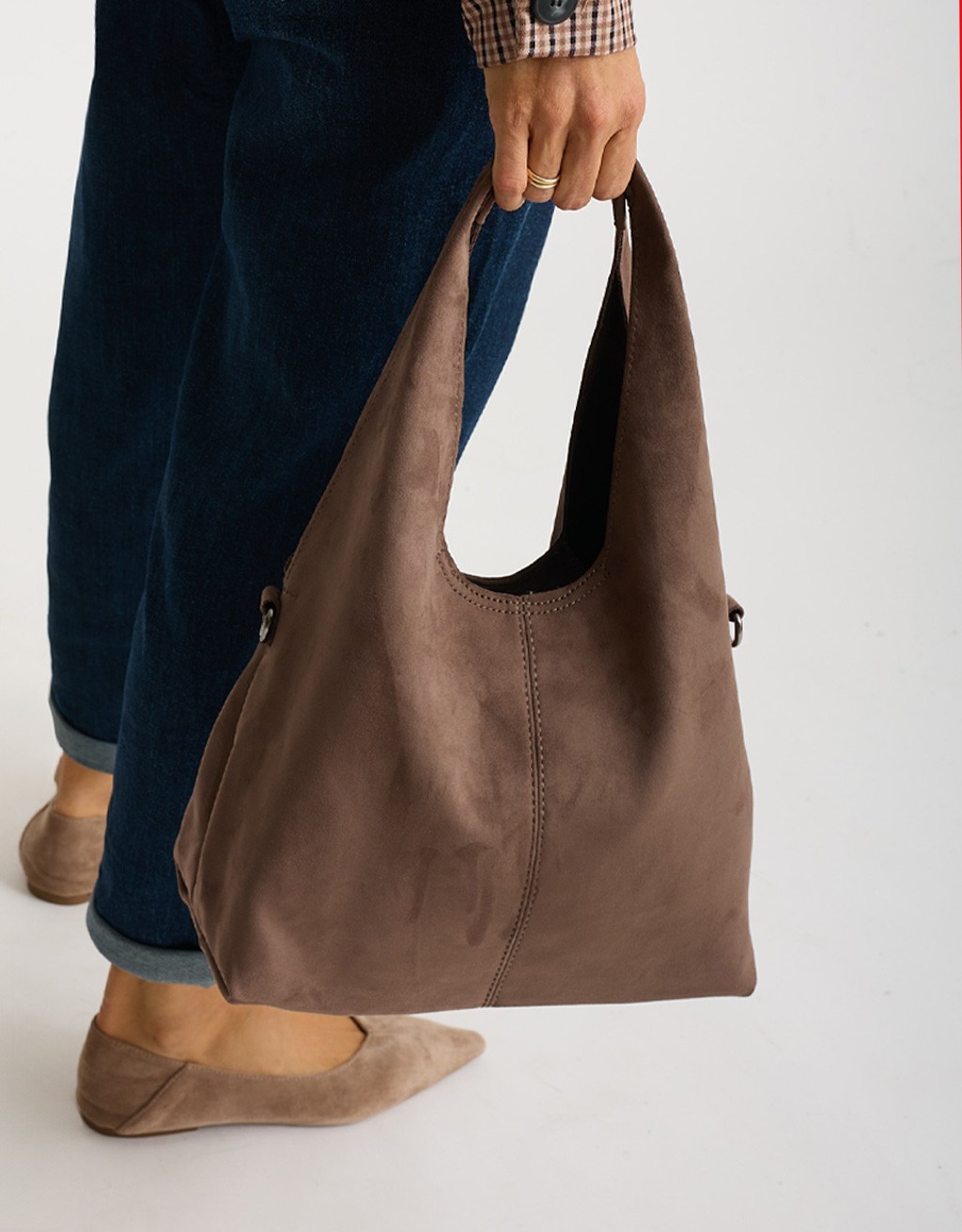 Borsa a Spalla Tessuto Effetto Suede con Pochette Interna