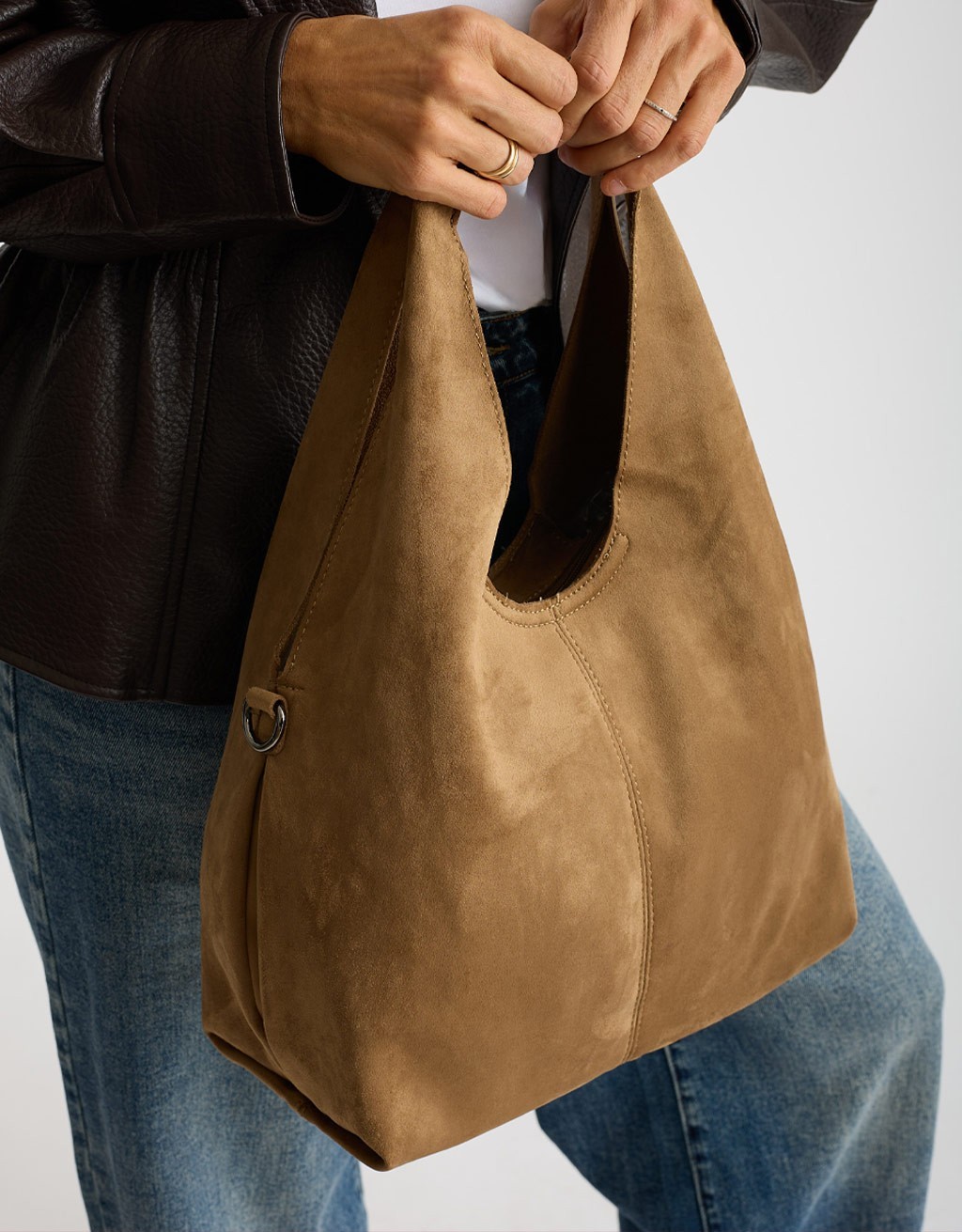 Borsa a Spalla Tessuto Effetto Suede con Pochette Interna