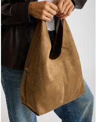 Borsa a Spalla Tessuto Effetto Suede con Pochette Interna