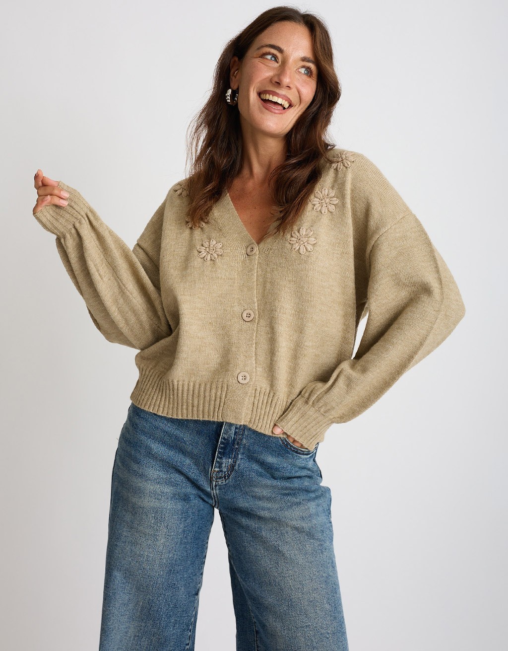 Cardigan Ricami Manica Palloncino