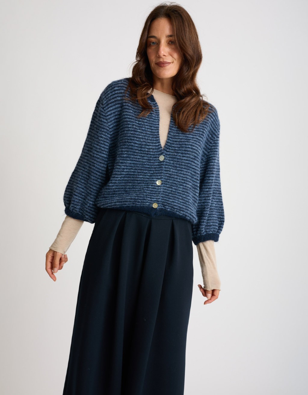 Cardigan Righe Crop Melange Con Lana