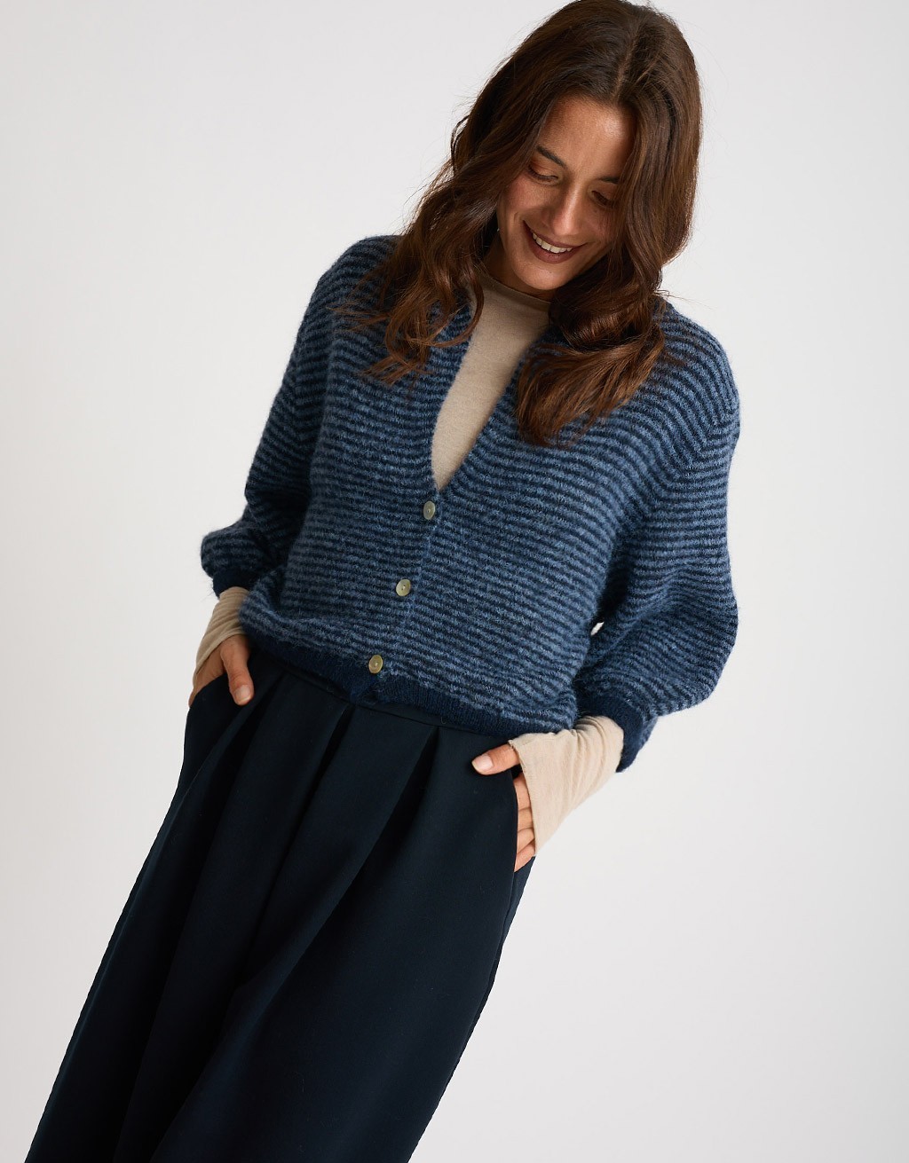 Cardigan Righe Crop Melange Con Lana