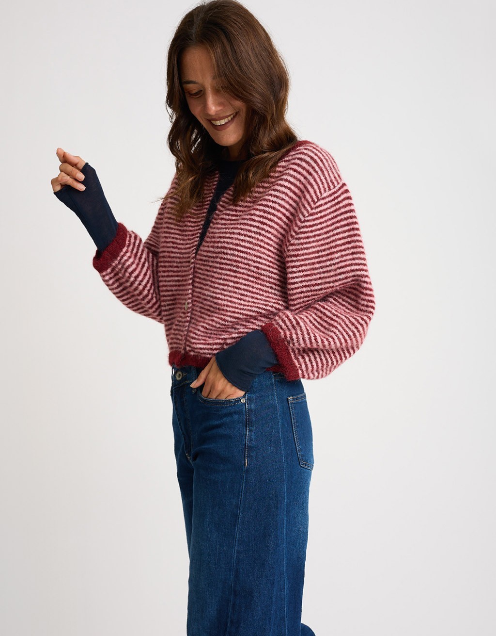 Cardigan Righe Crop Melange Con Lana