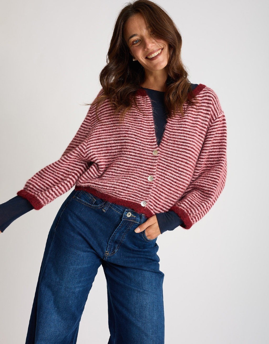 Cardigan Righe Crop Melange Con Lana