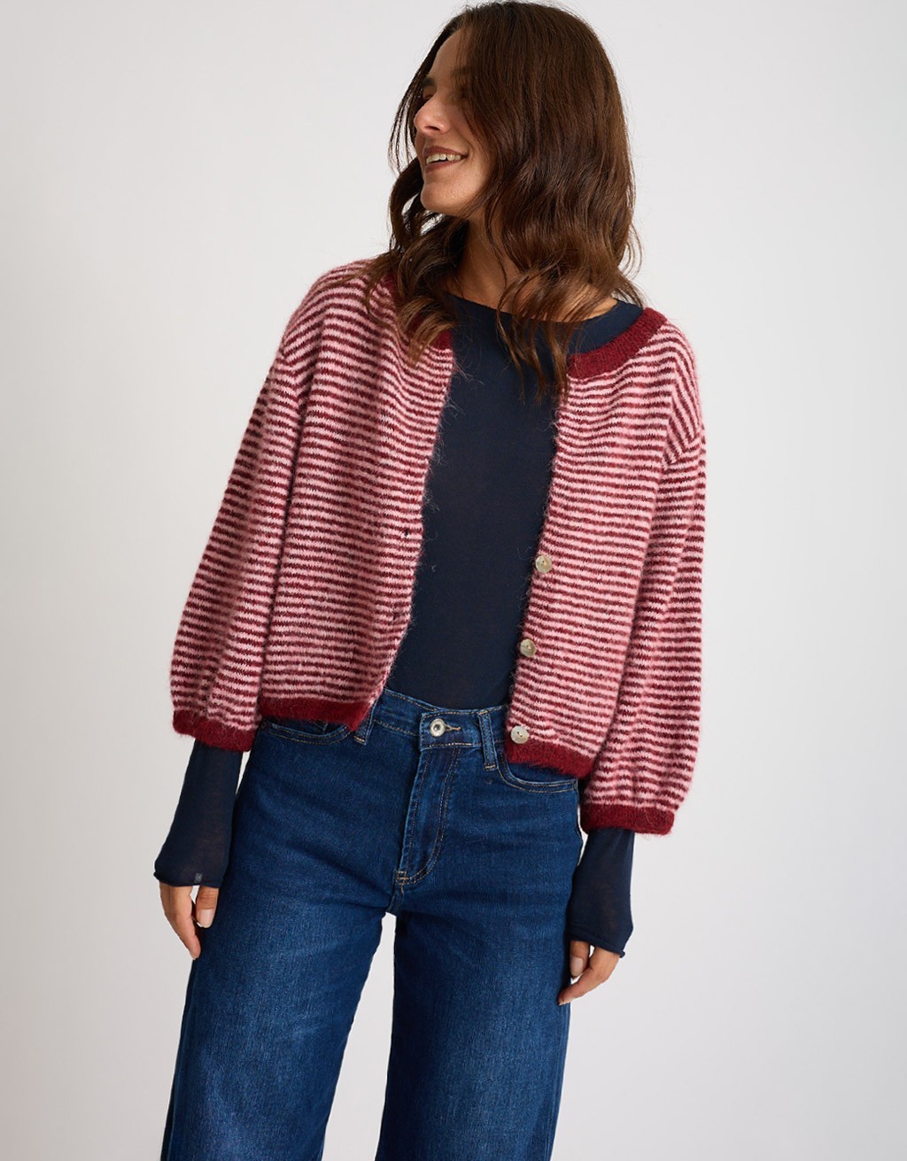 Cardigan Righe Crop Melange Con Lana