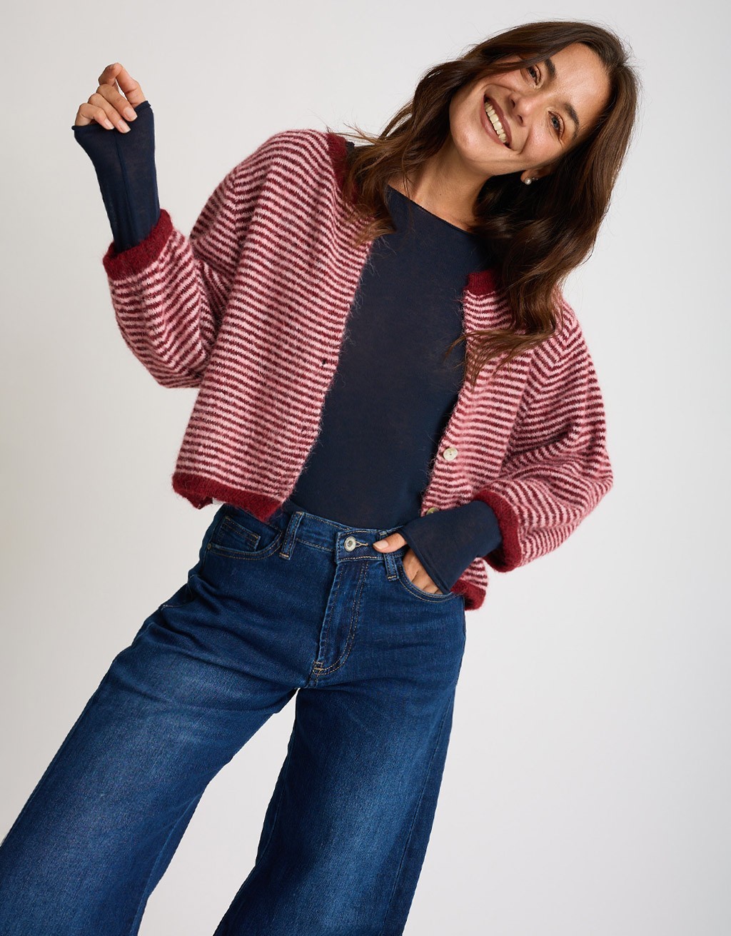 Cardigan Righe Crop Melange Con Lana