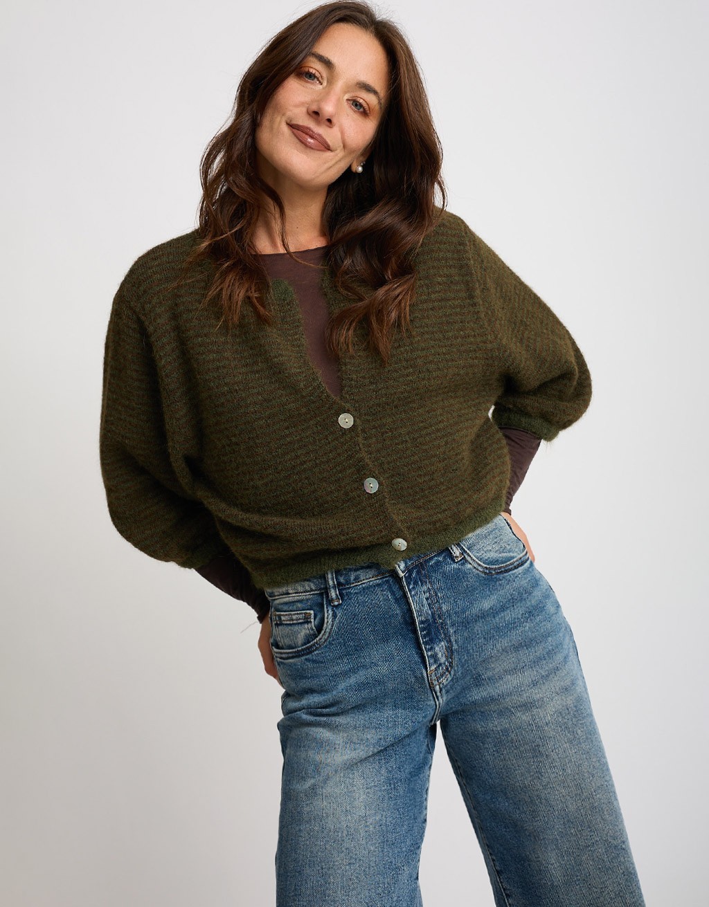 Cardigan Righe Crop Melange Con Lana