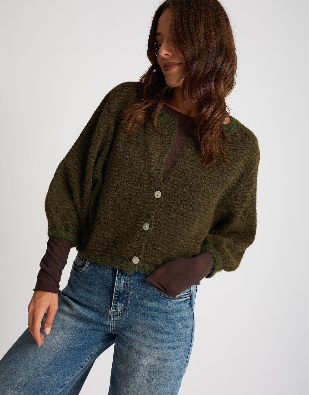 Cardigan Righe Crop Melange Con Lana