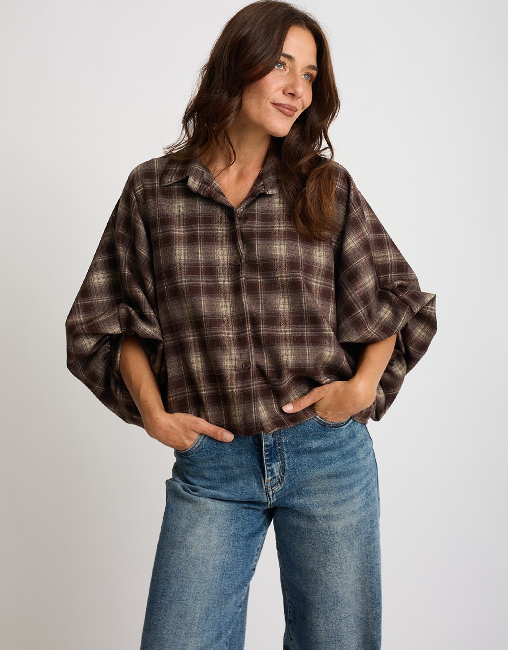 Giacca Camicia Quadri Manica Bombata